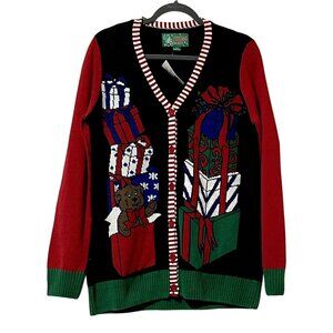 Ugly Christmas Sweater Womens Large Cardigan With Gift Box & Bear Design